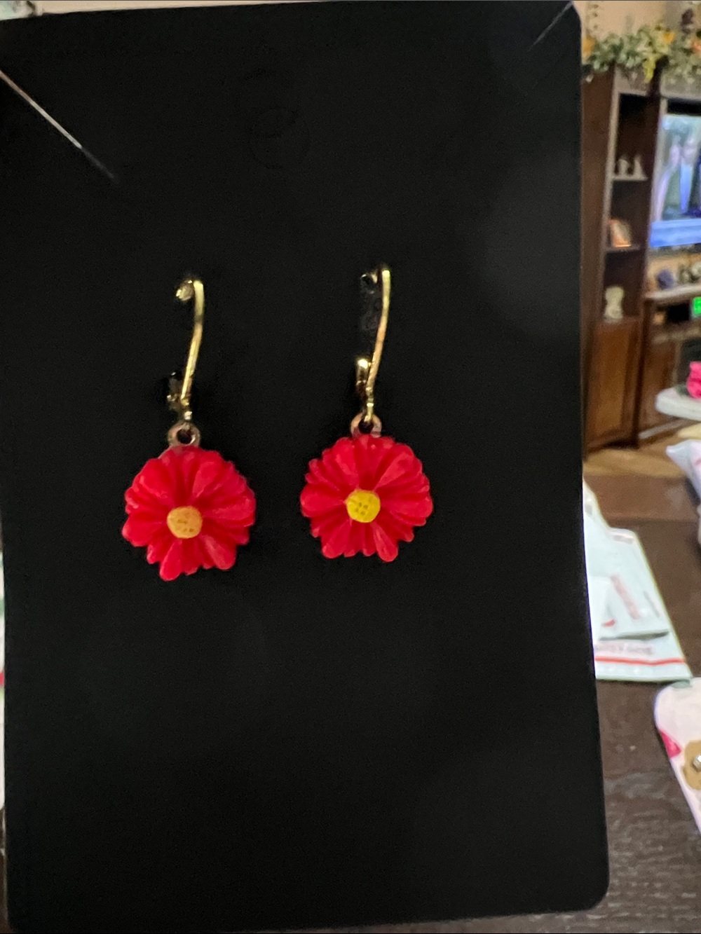 New Gold-Tone Red Flower Drop Earrings - Unbranded
